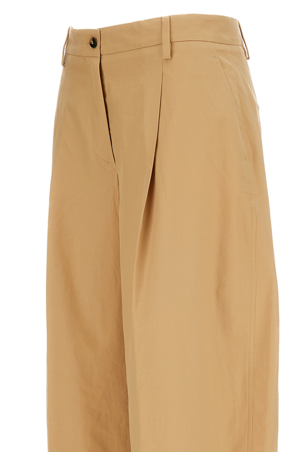 Beige Pleated Lightweight Cotton Wide-Leg Trousers