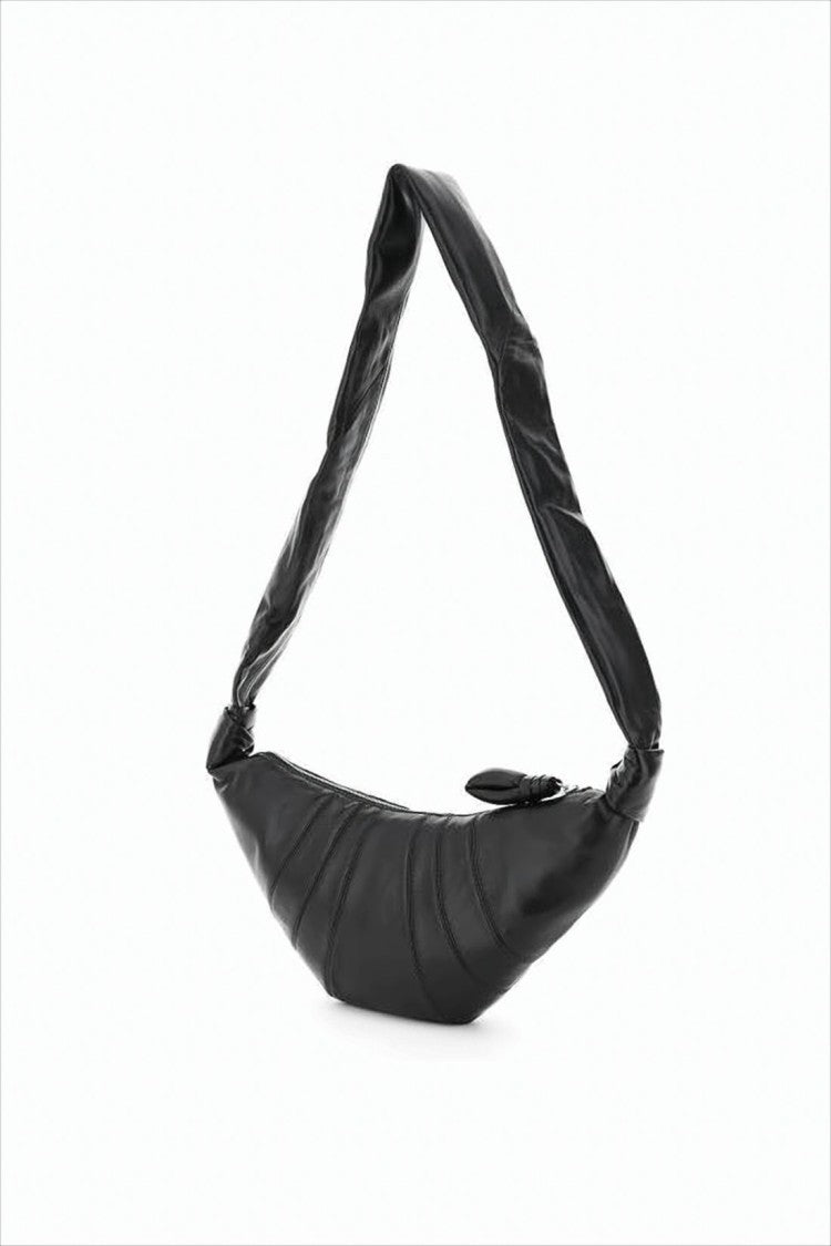 Crescent-Shaped Black Lambskin Leather Shoulder Bag