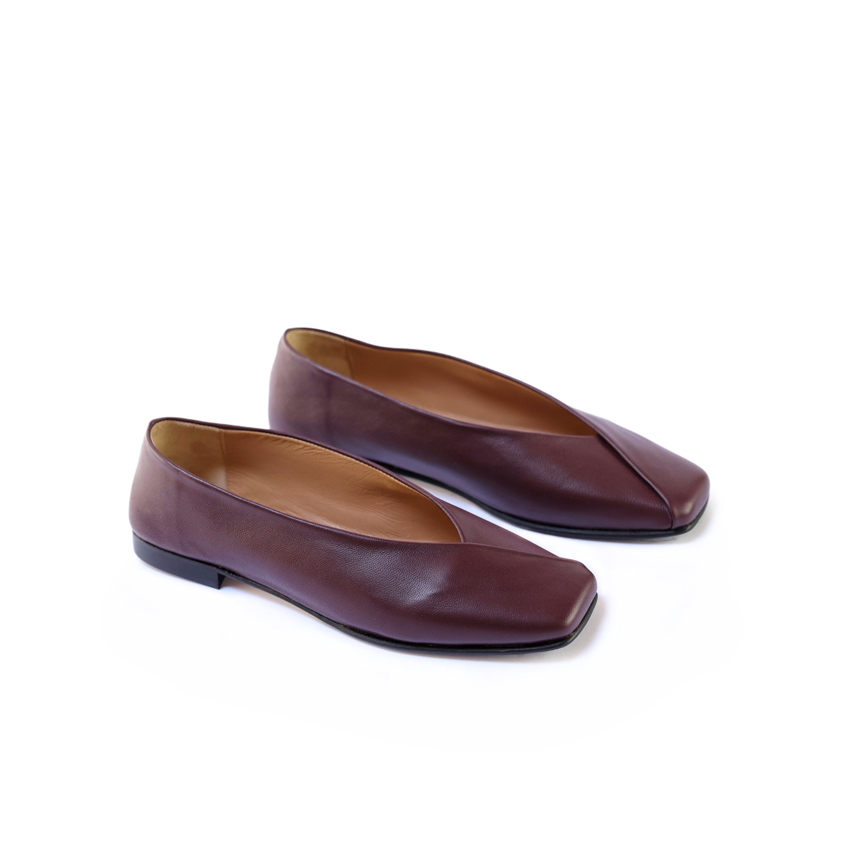 Burgundy Nappa Leather Ballerinas with Square Toe Design