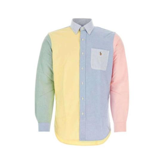 Patchwork Design Long-Sleeve Shirt with Striped Collar