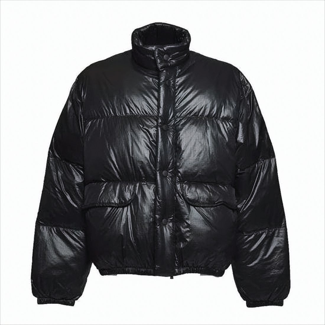 Oversized Black Puffer Jacket with High Collar and Button Closure