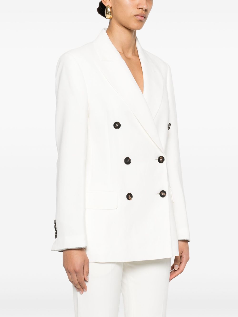 Tailored Light Beige Double-Breasted Blazer With Buttoned-Cuff Sleeves