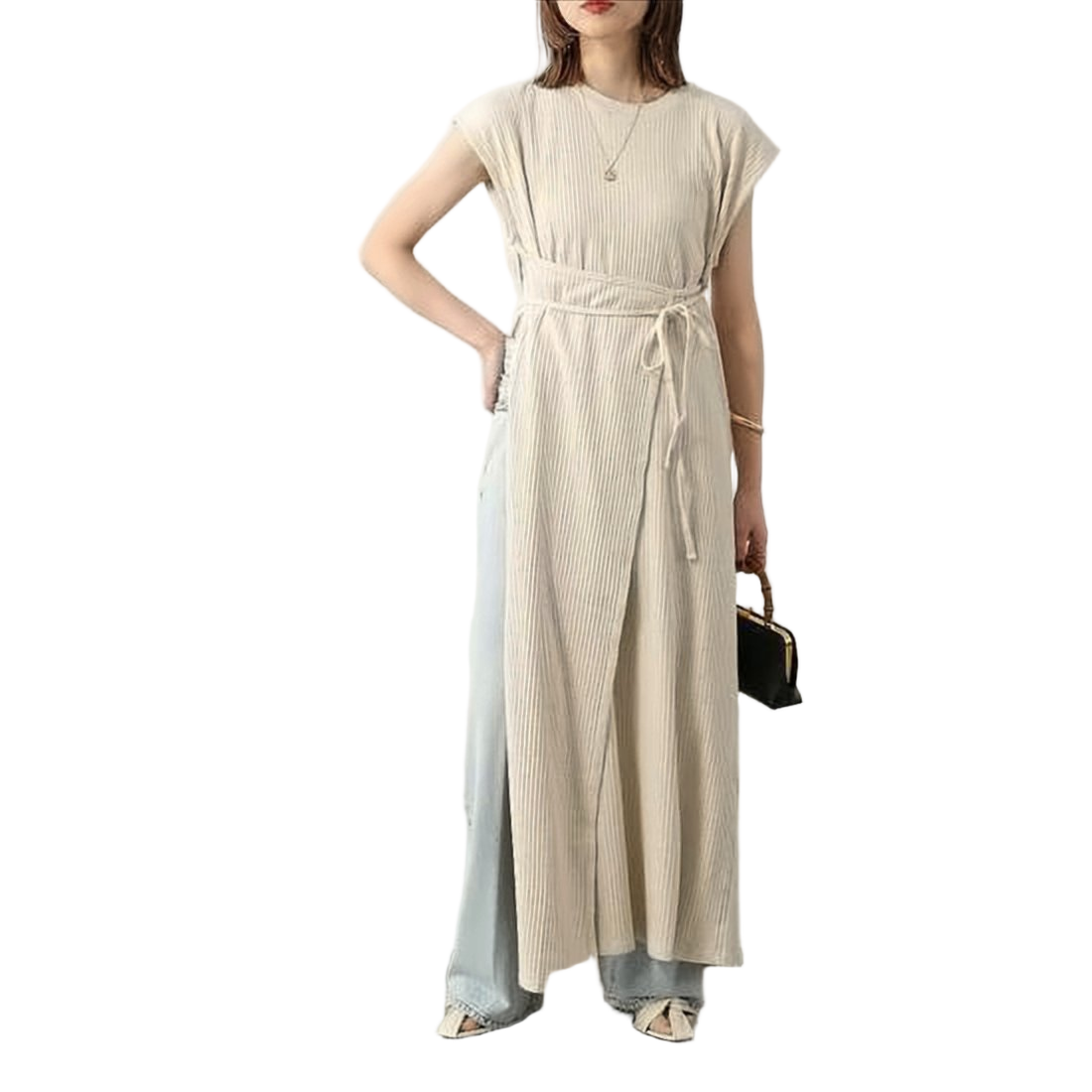 Ribbed Midi Dress with Self-Tie Belt
