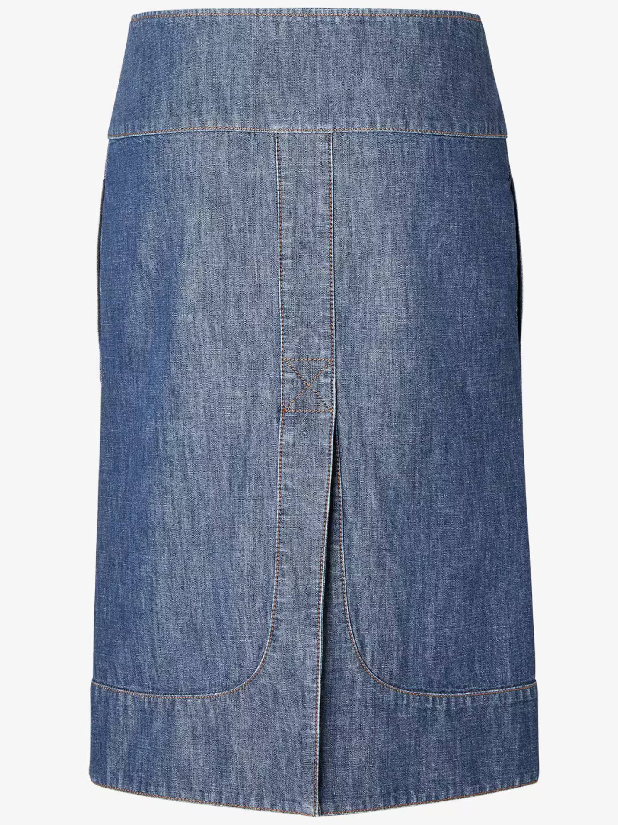 Straight-Cut Chambray Skirt with Front Zipper and Leather Accents
