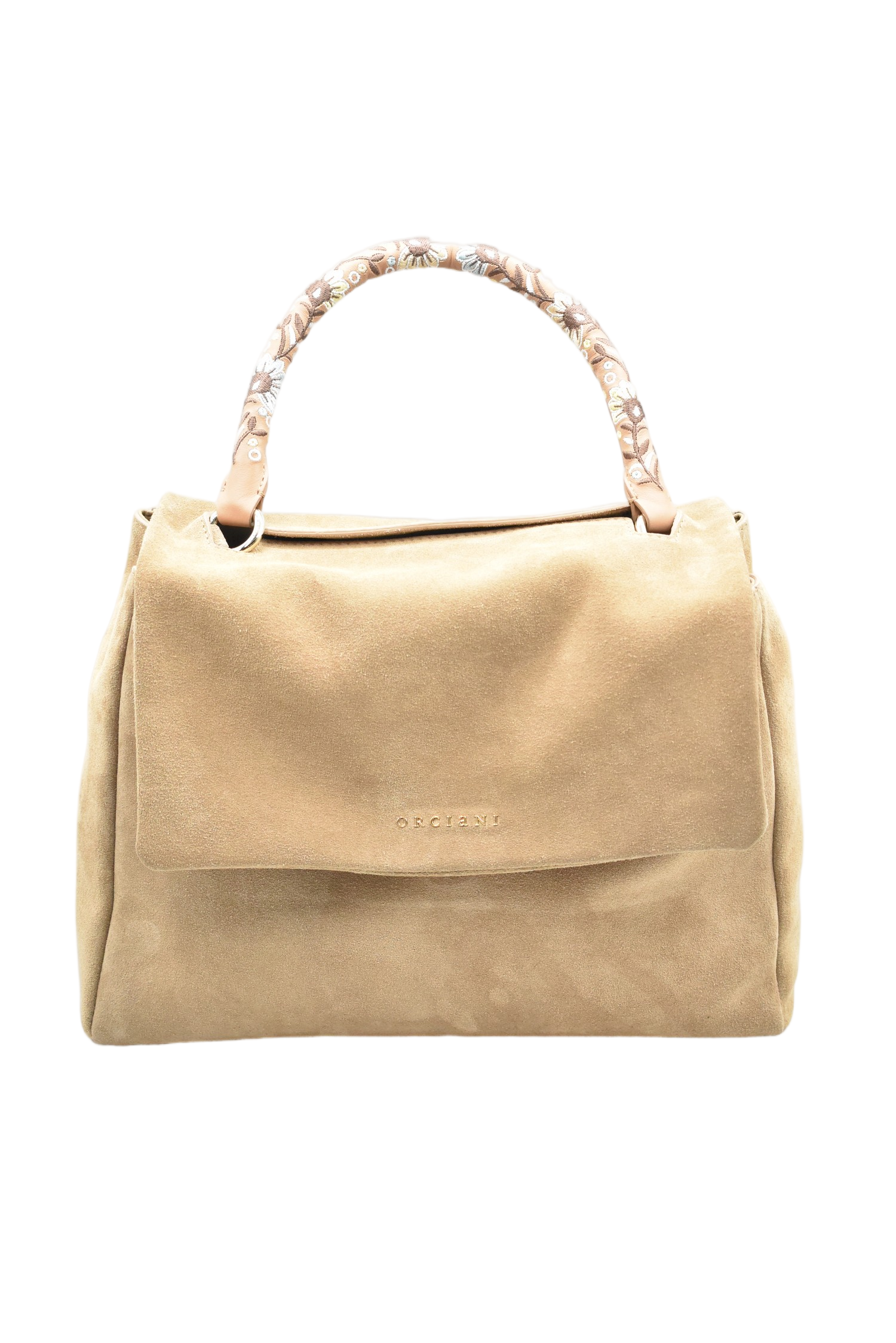 Suede Handbag with Floral-Wrapped Handle