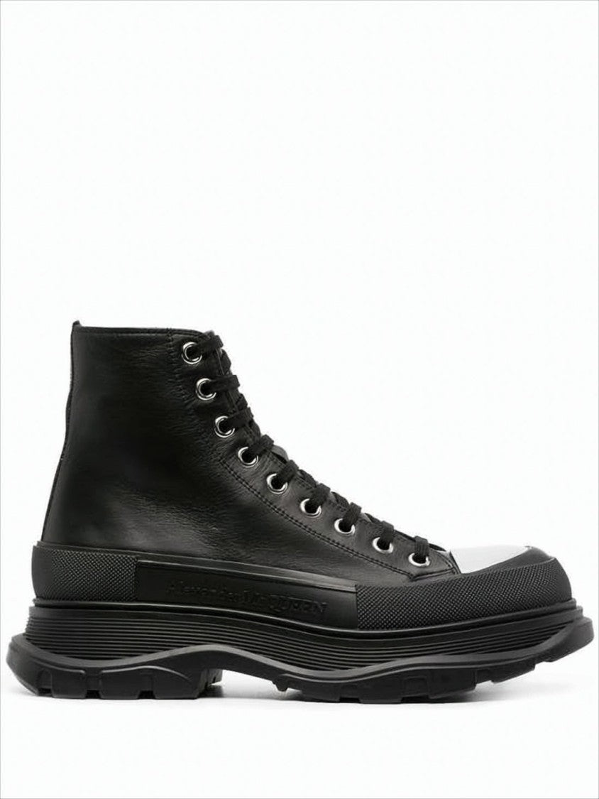 High-Top Leather Boots with Metallic Cap Toe