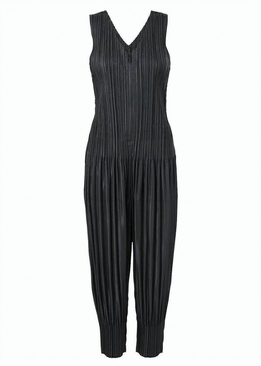 Structured Pleated Jumpsuit with Deep V-Neckline