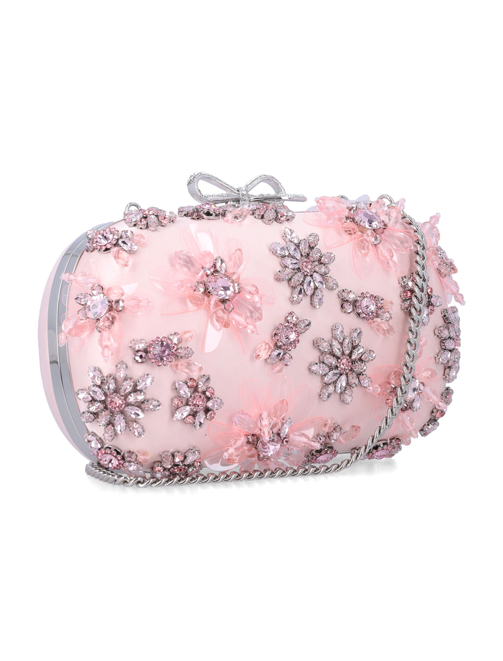 Pink Satin Floral Clutch With Crystal Embellishments