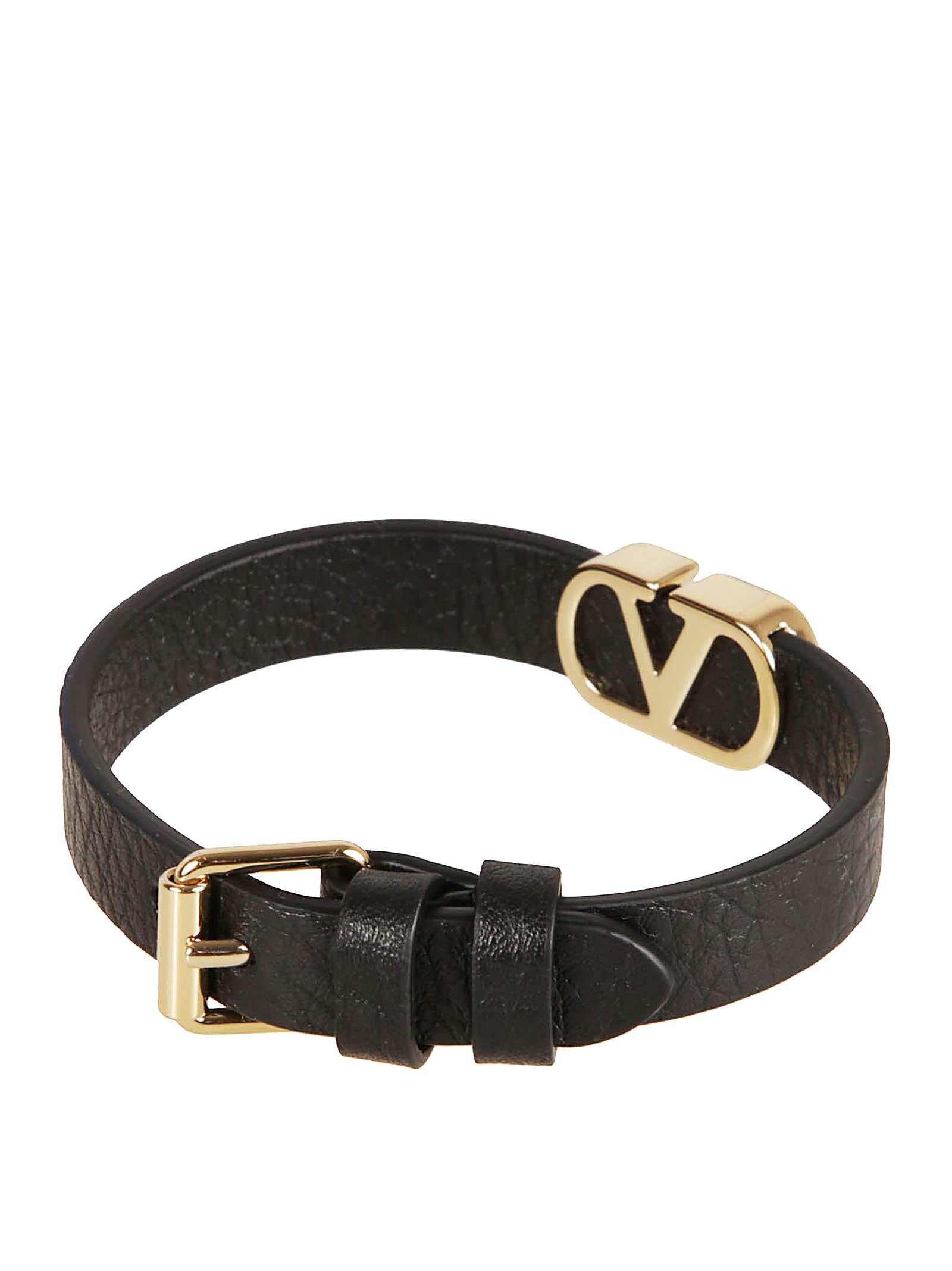 Textured Black Leather Bracelet with VLogo Signature and Adjustable Closure