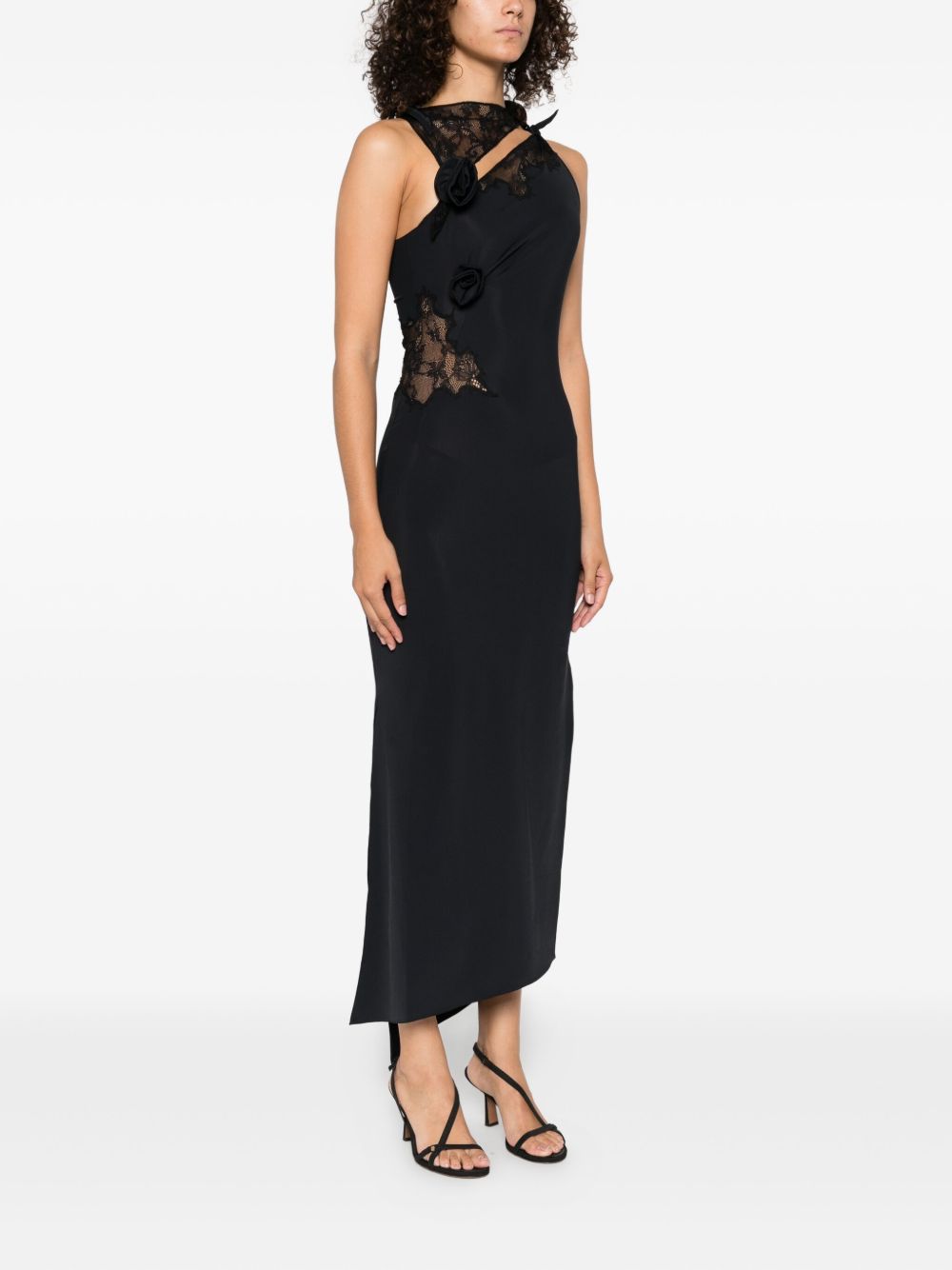 Asymmetric Black Midi Dress With Lace Inserts