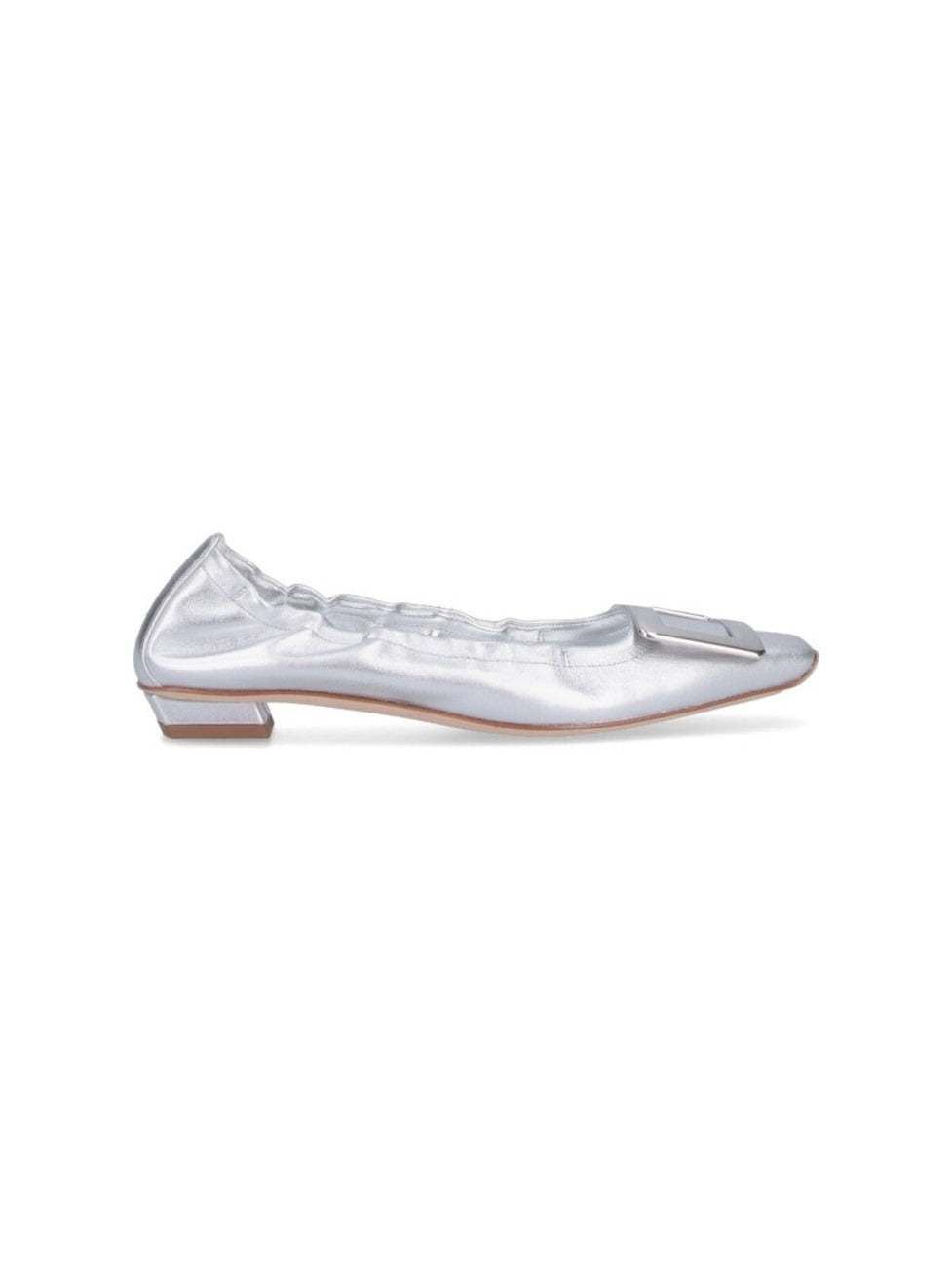 Metallic Silver Leather Ballerina Flats With Draped Detailing