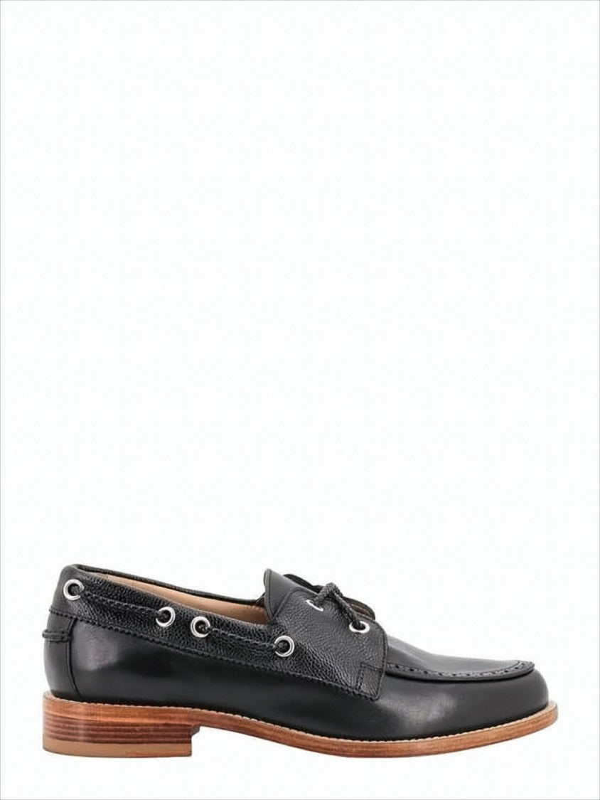 Polished Black Leather Loafers with Moc Toe Design and Lace Detail