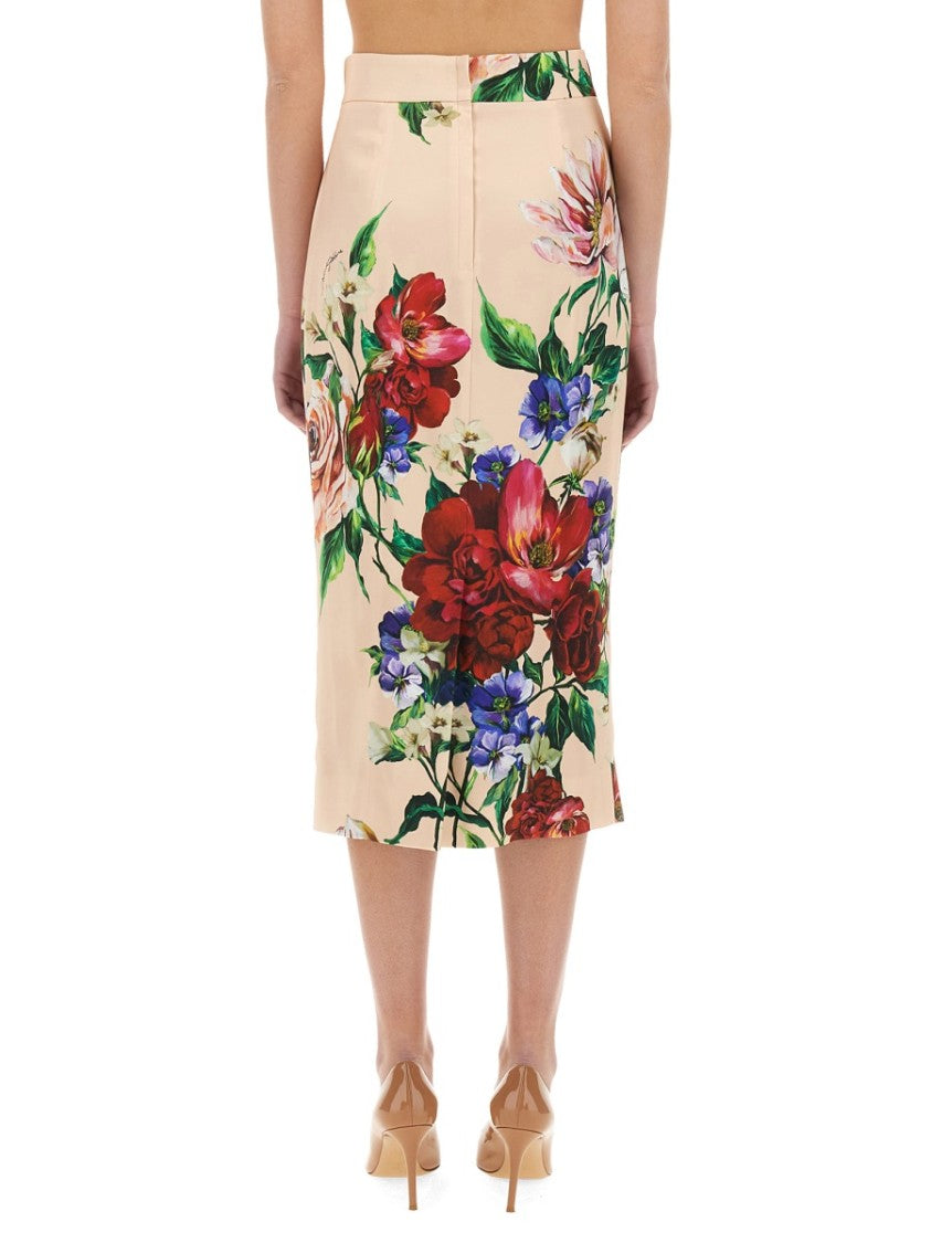 Flower Print Satin Midi Pencil Skirt