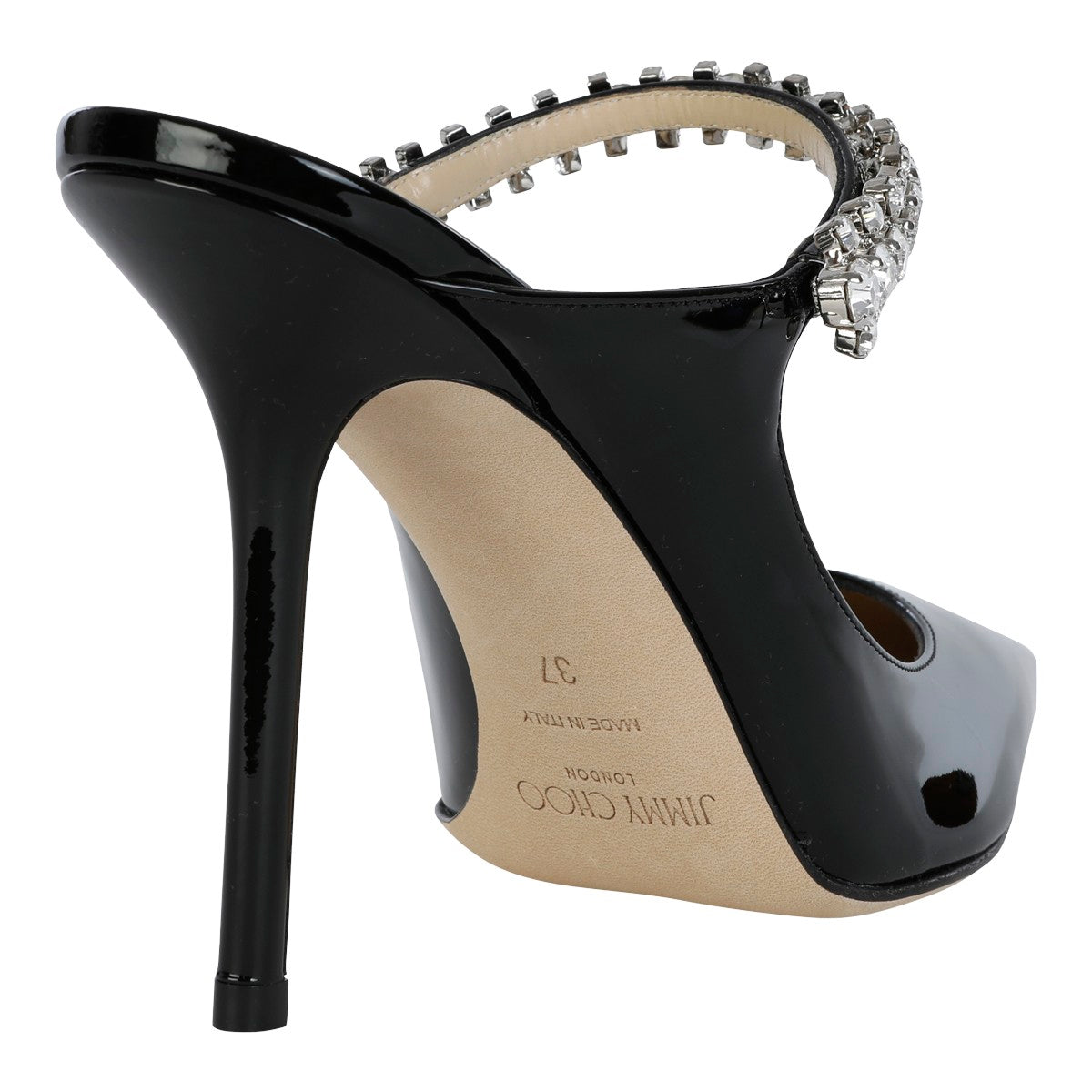 Crystal-Embellished Stiletto Mule in Black Patent Leather