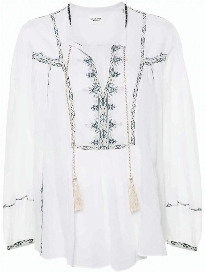 Relaxed-Fit White Shirt with Embroidery and Tassel Tie