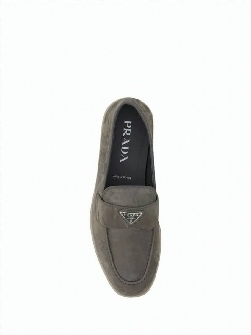 Suede Loafers With Triangular Metal Emblem