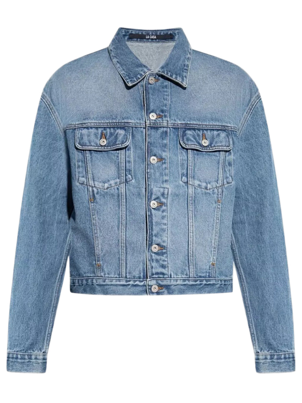 Cropped Denim Jacket With Button-Up Front And Flap Pockets