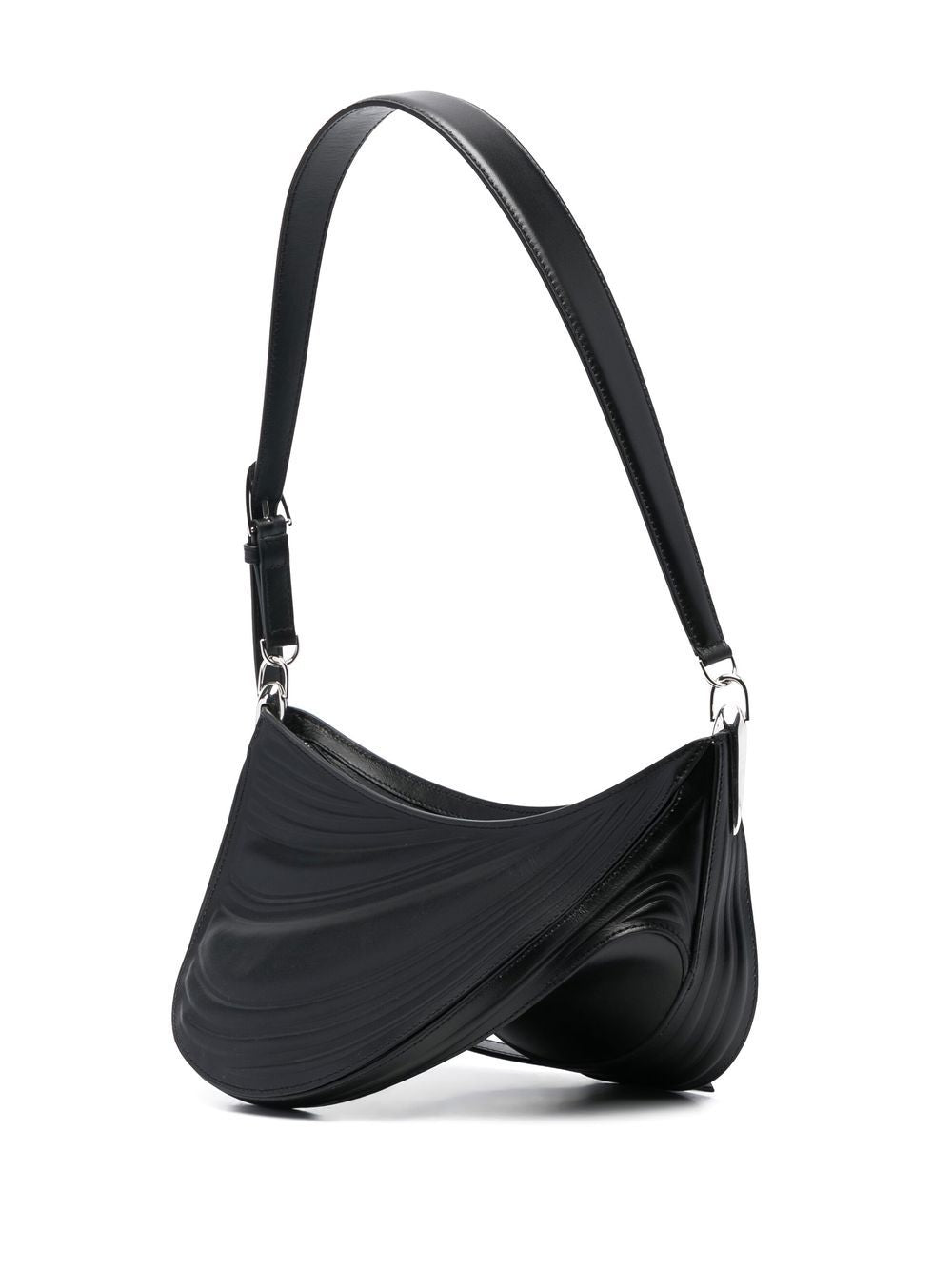 Spiral Curve Embossed Crossbody Bag in Black Calf Leather