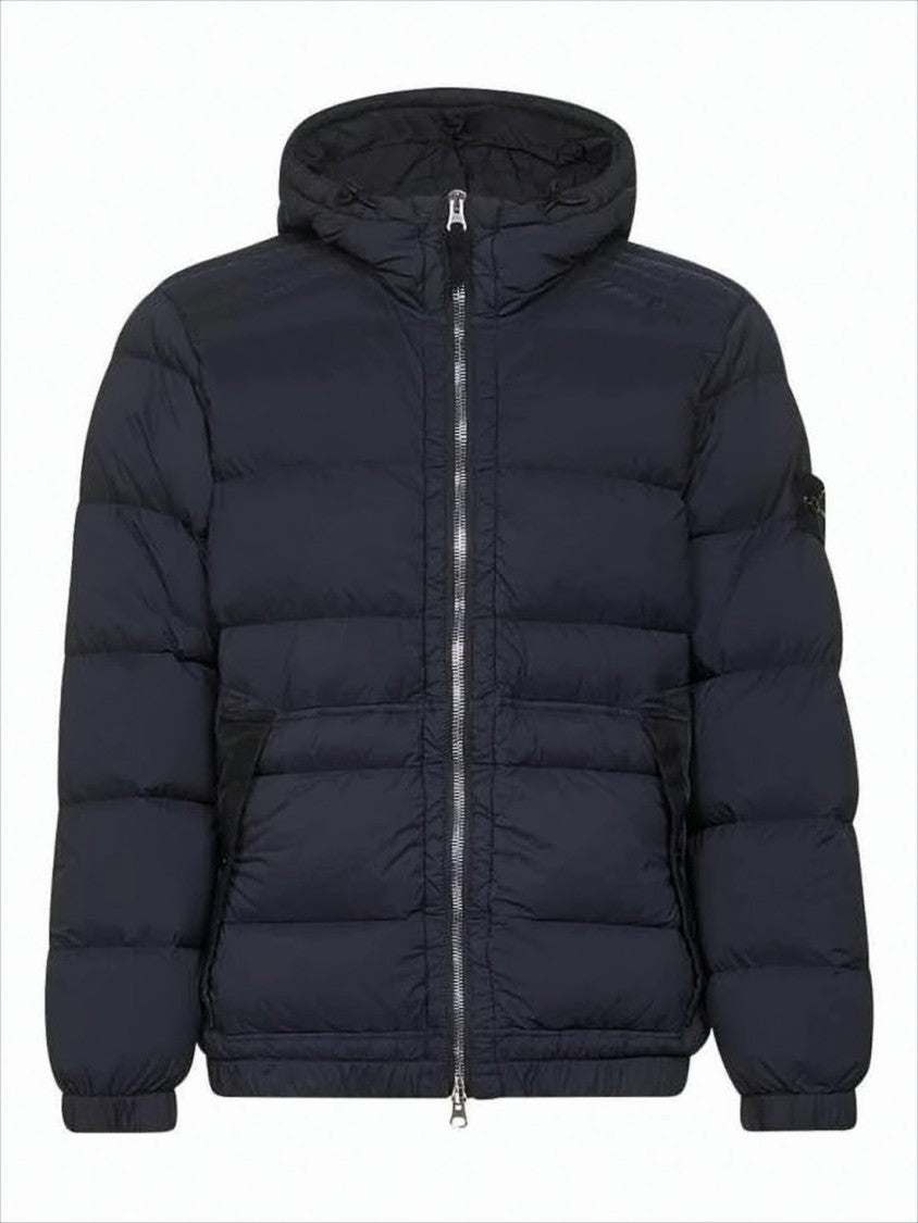 Quilted Blue Padded Jacket with Hood and Flap Pockets