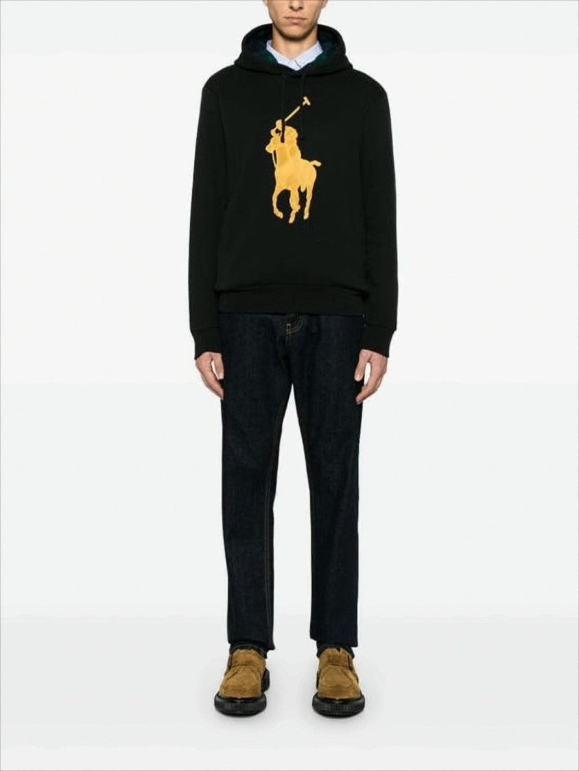 Black Hoodie with Bold Yellow Polo Graphic and Plaid Lining