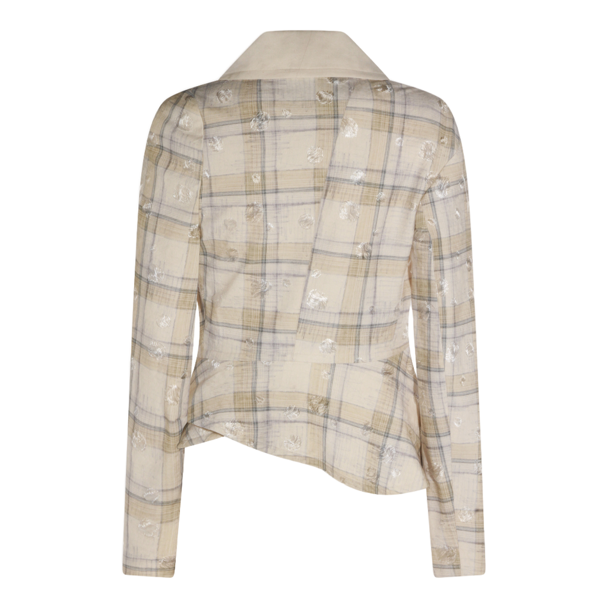 Beige Plaid Tailored Jacket with Silver Floral Embroidery