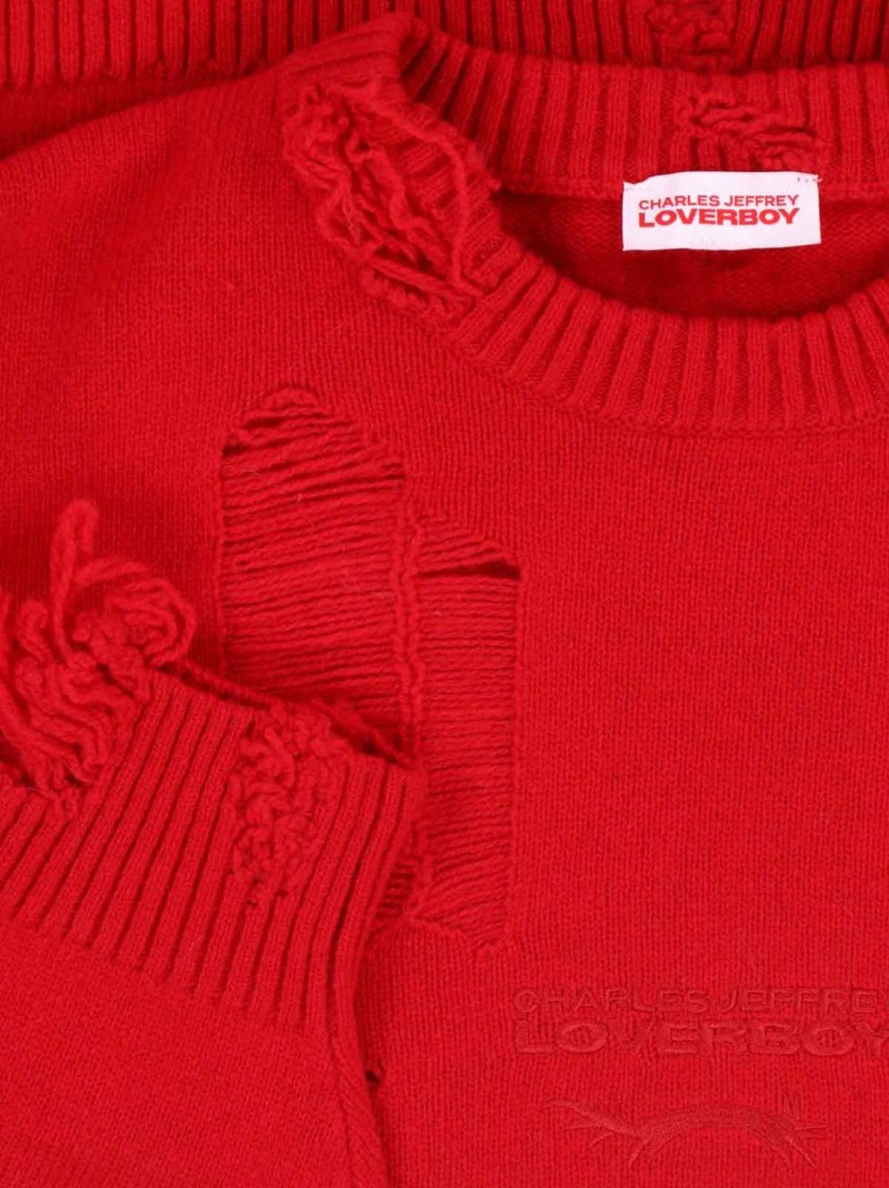 Distressed Red Wool Blend Sweater With Ribbed Finishes
