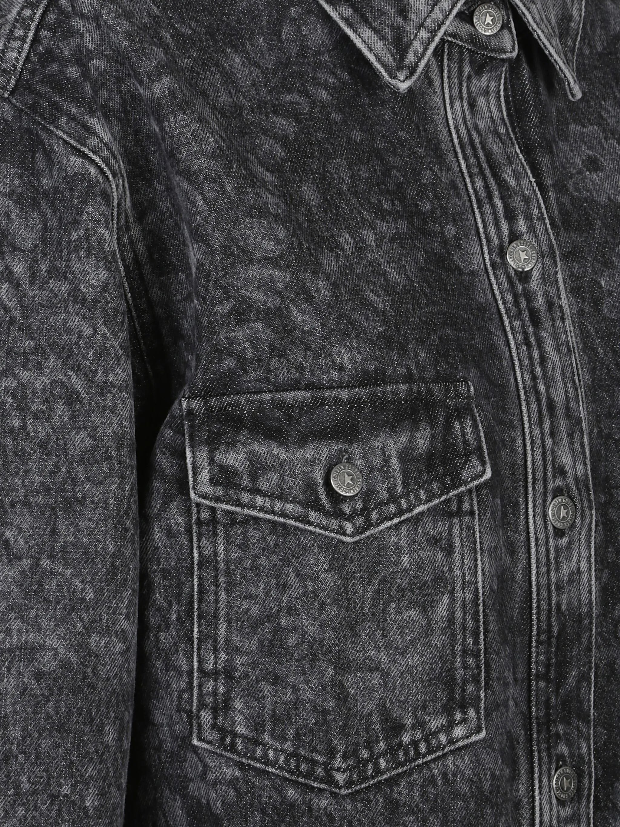 Washed Black Denim Floral Pattern Shirt