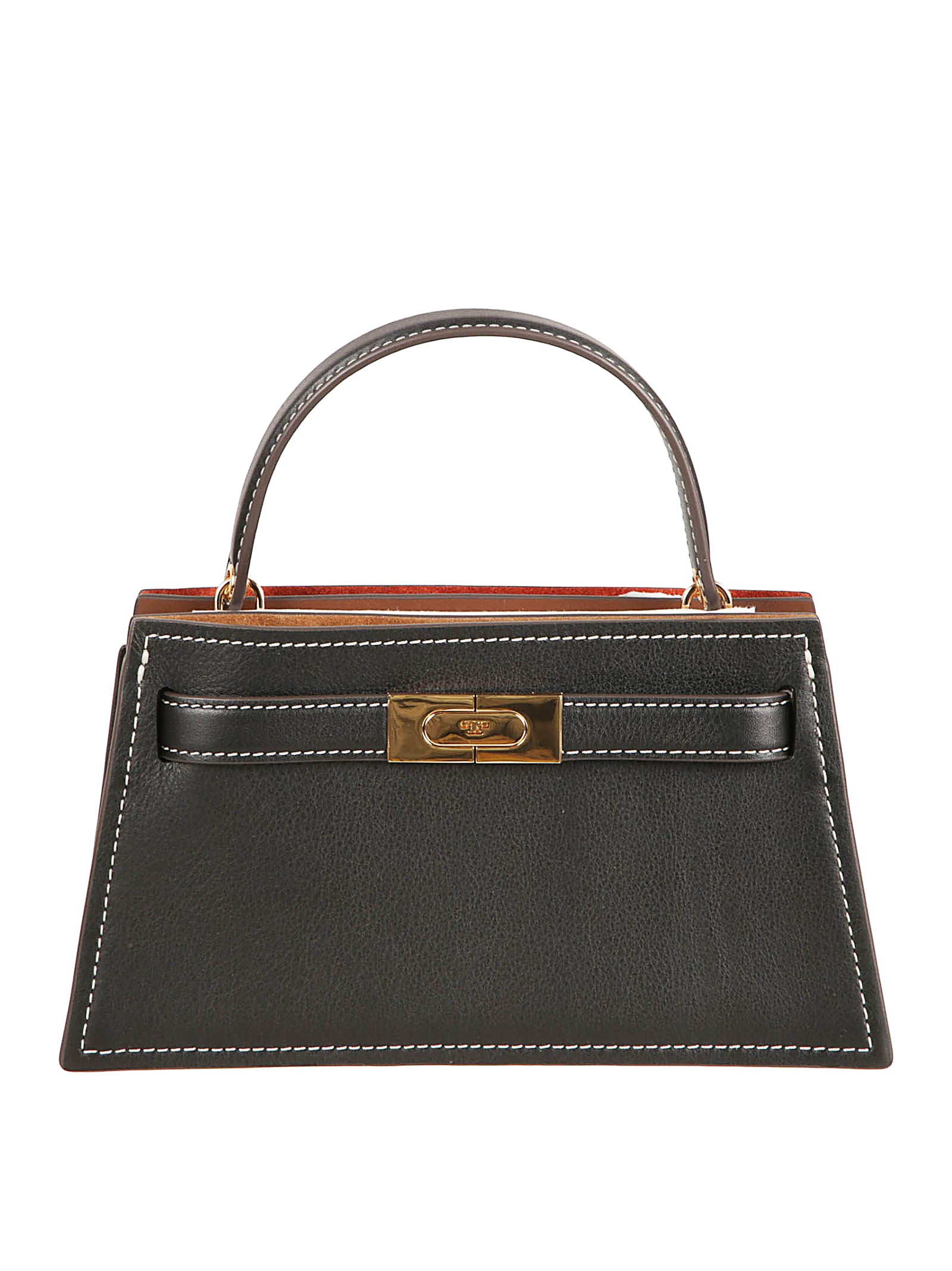 Structured Black Leather and Suede Handbag with T-Buckle Closure