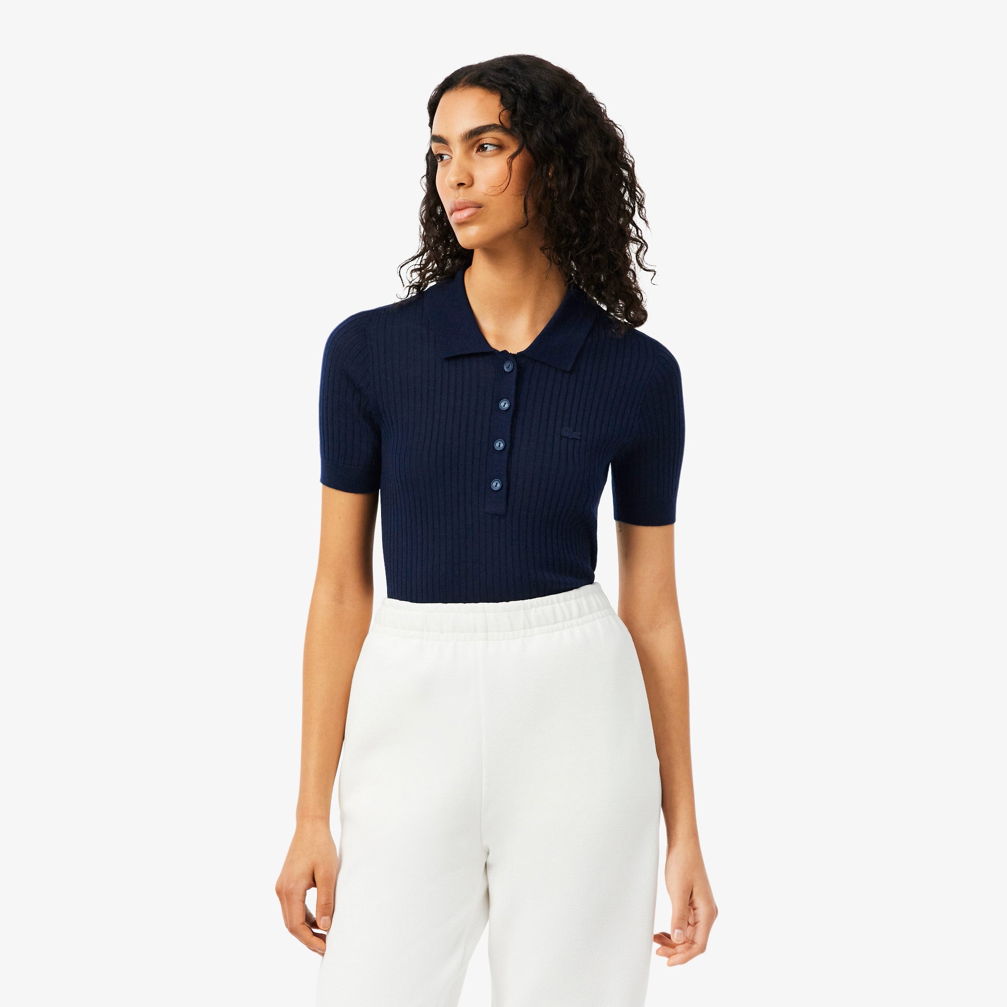 Ribbed Knit Polo Shirt with Classic Collar