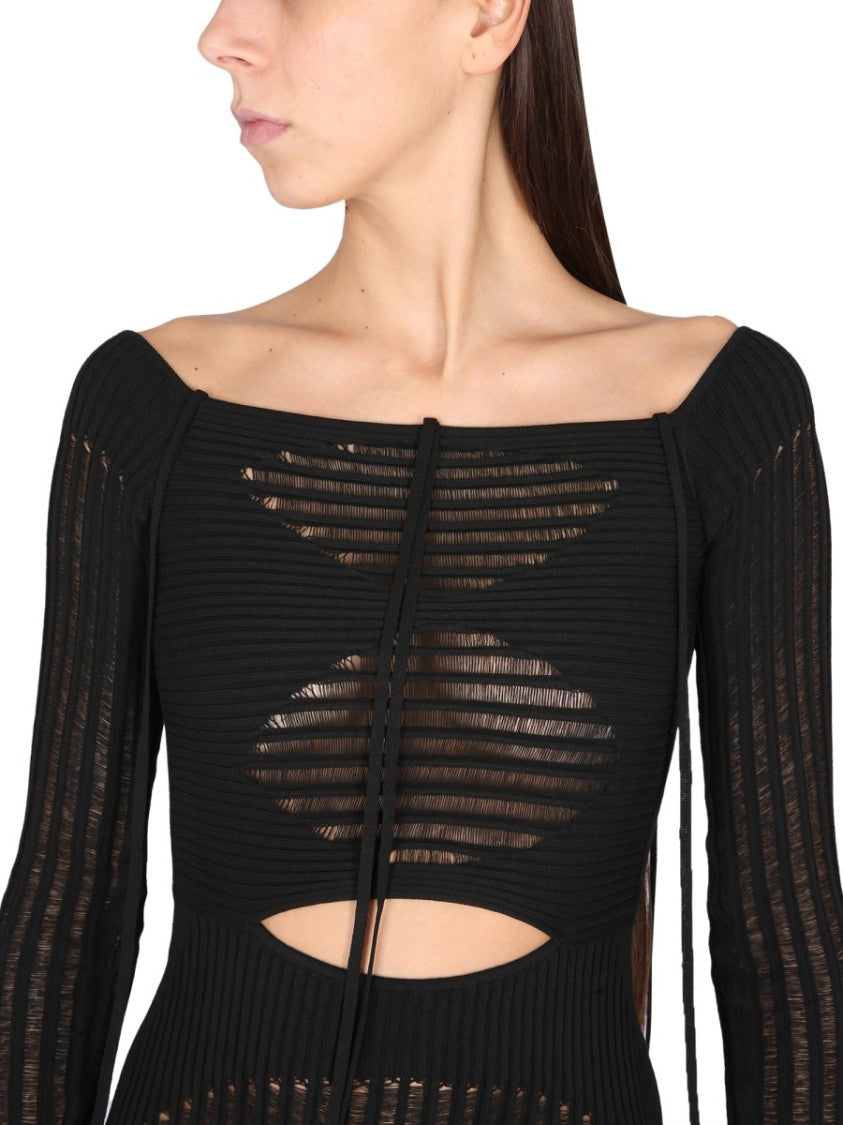 Textured Ribbed Mini Dress With Boat Neckline