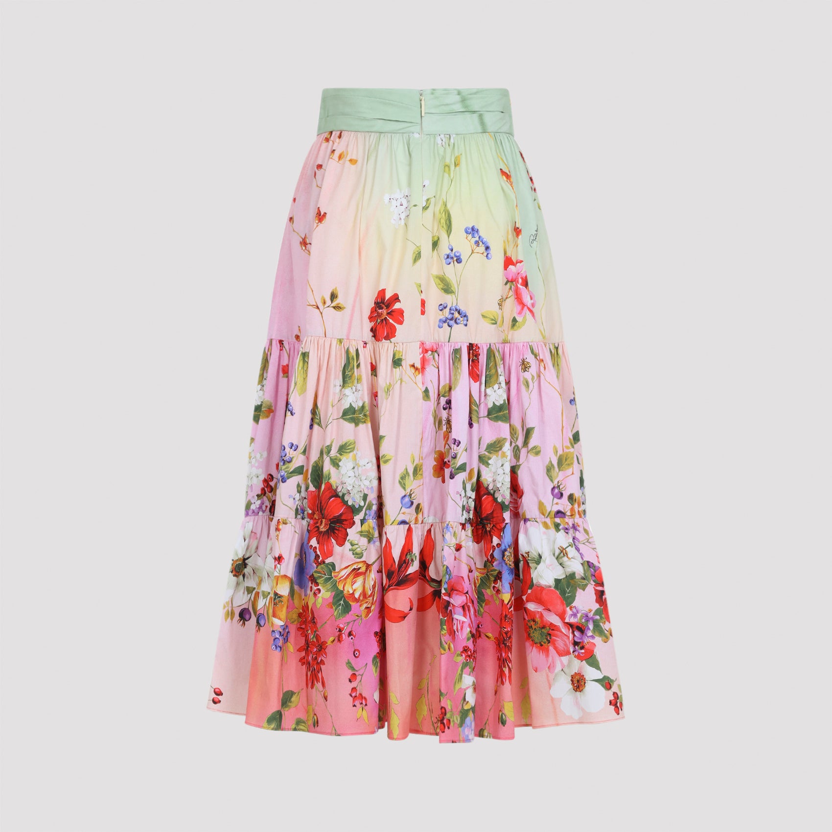 Pastel Gradient Floral Midi Skirt With Tiered Pleats
