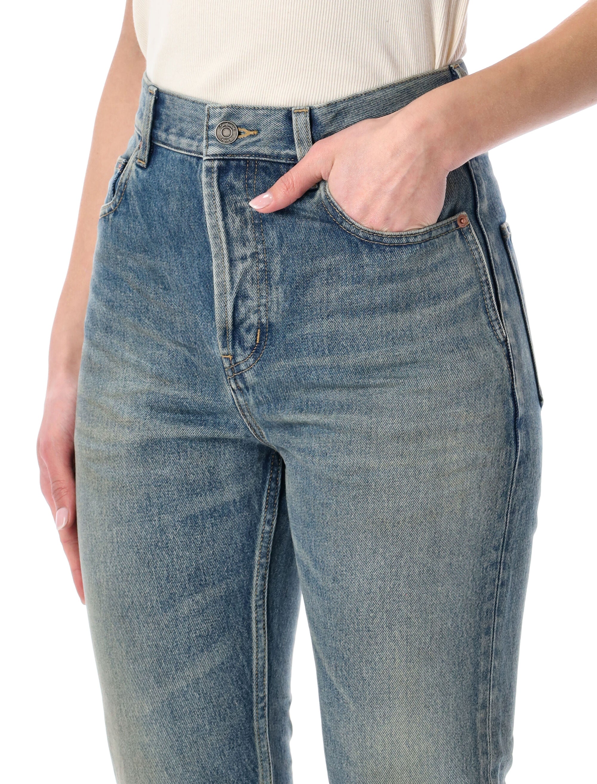 90s Blue Denim Cropped Slim-Fit Jeans
