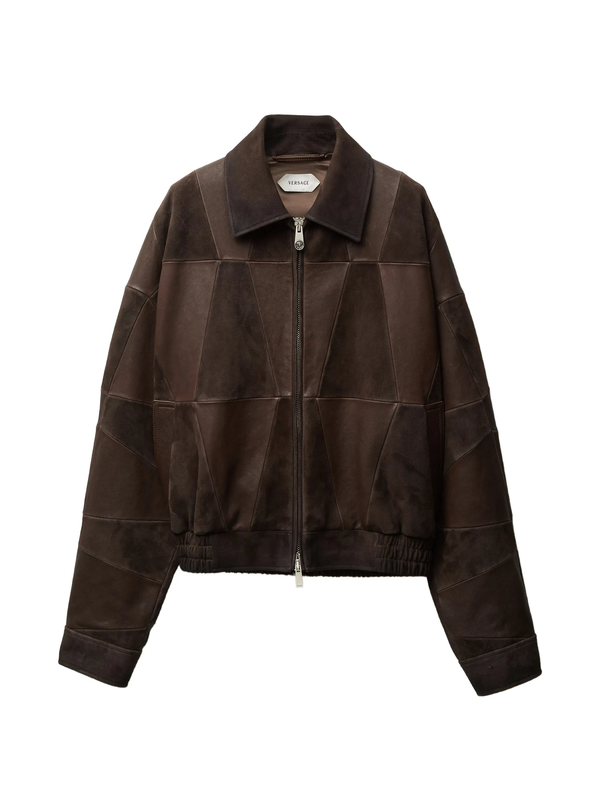 Brown Blouson Leather Patchwork Cropped Jacket