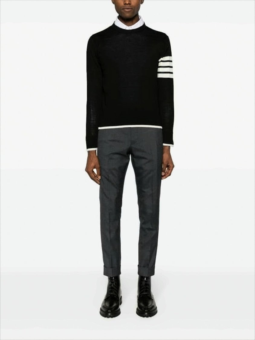Crew Neck Black Wool Sweater with Signature Stripes and Buttoned Cuffs