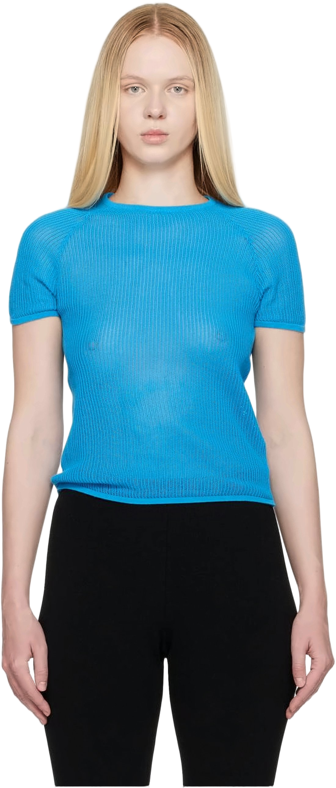 Ribbed Short-Sleeved Knit Top with Fitted Silhouette