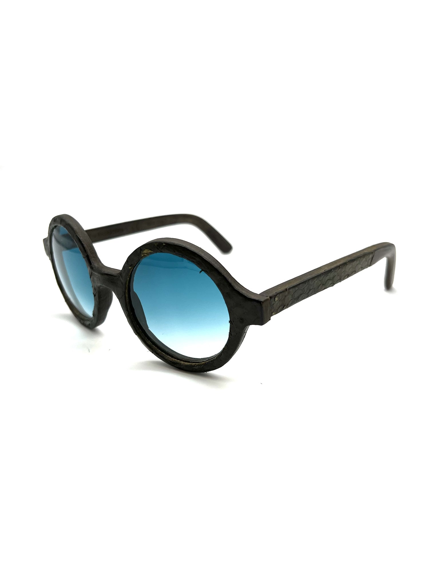 Round Black Leather WHEEL PITONE Optical Frames with Gradient Blue Lenses