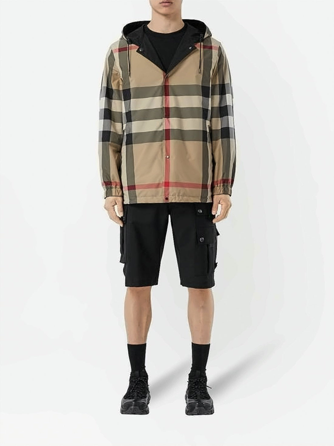 Reversible Hooded Short Jacket with Classic Check and Solid Design