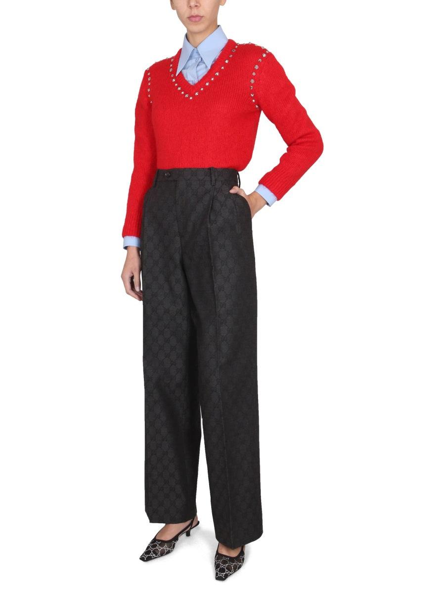 V-Neck Mohair Sweater with Studded Accents