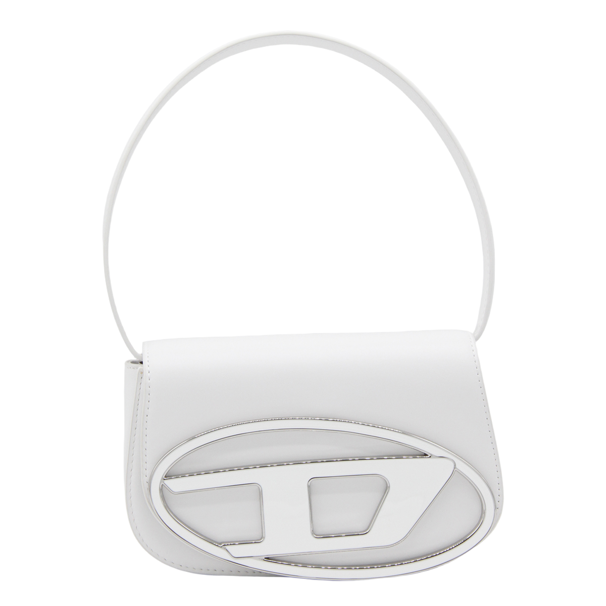 Structured White Handbag with Oversized Logo Emblem