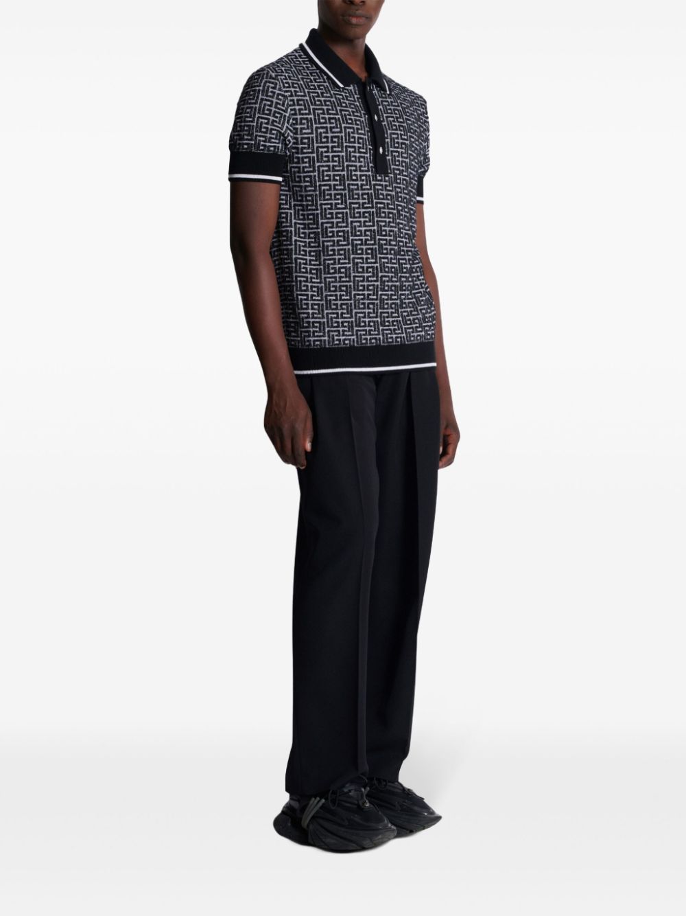 Patterned Jacquard Short-Sleeve Polo Shirt in Merino Wool Blend