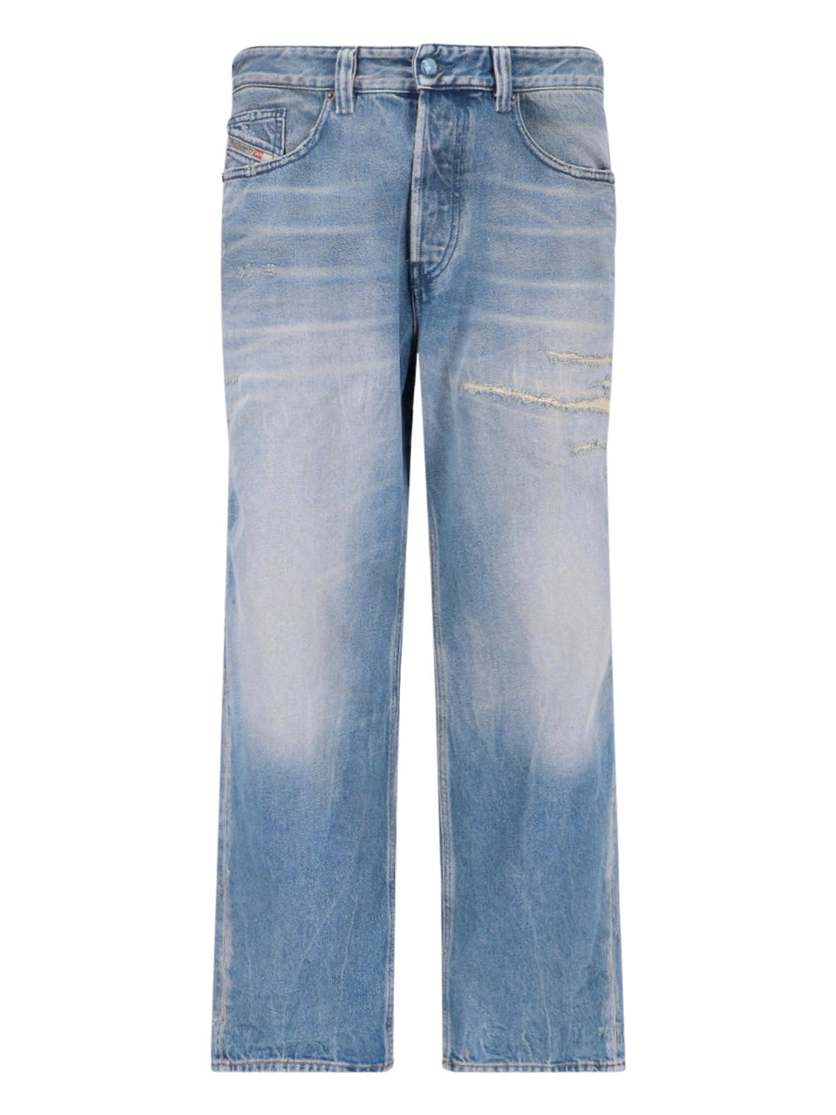 Straight-Leg Blue Denim Jeans with Distressed Details
