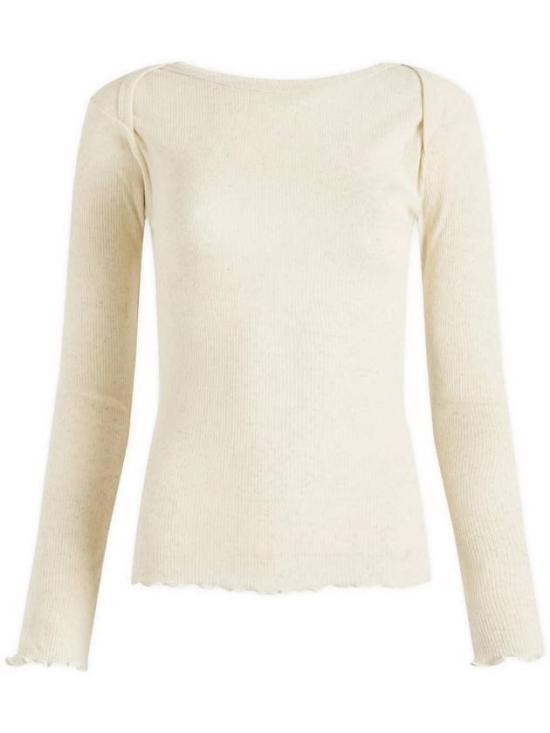 Ribbed Long-Sleeve Top With Wide Neckline And Lettuce-Edge Detail