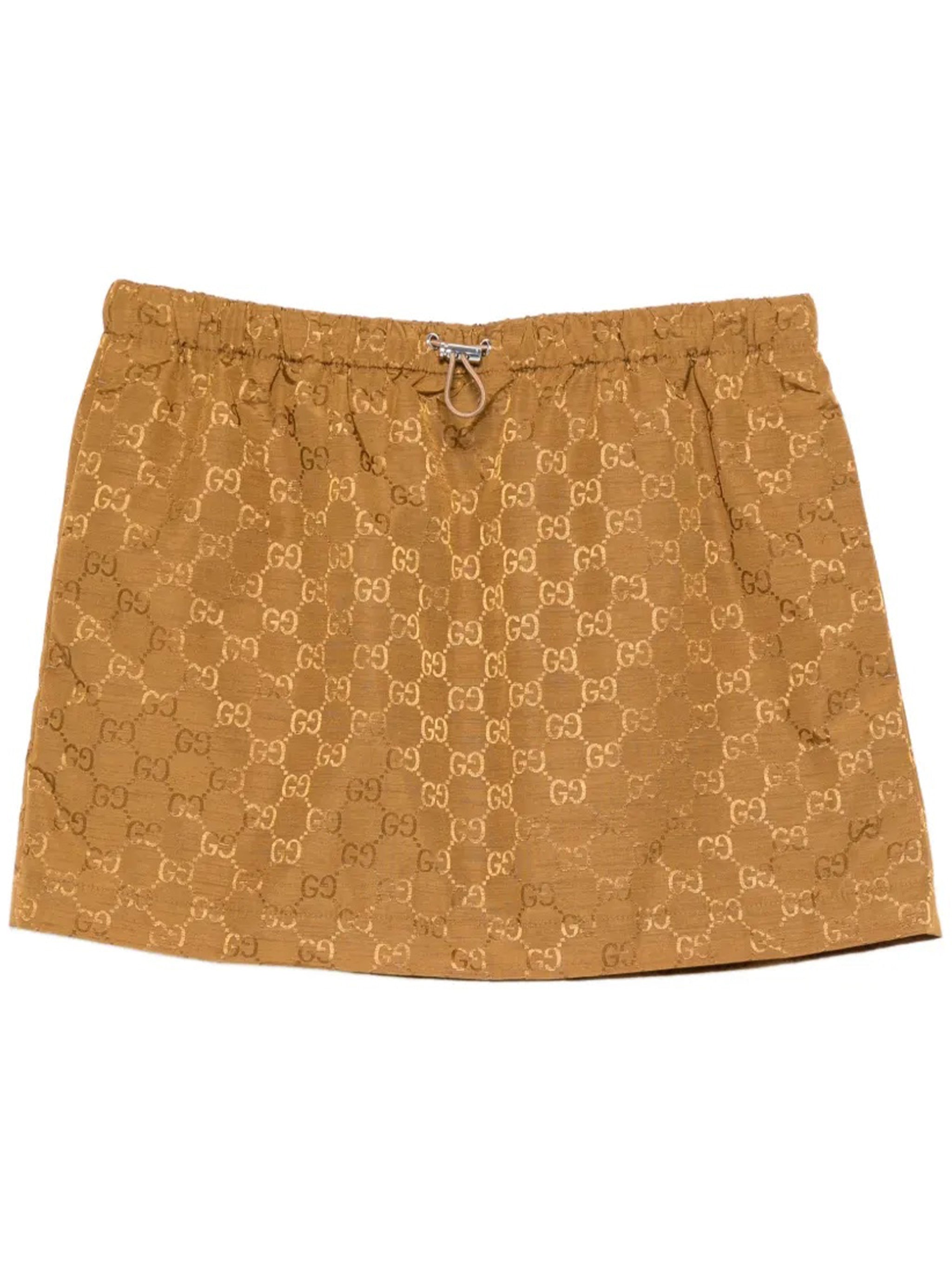 Brown Slub GG Embossed Nylon Skirt