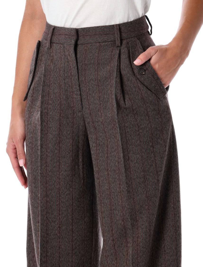 Brown Pinstripe Wool Wide-Leg Trousers