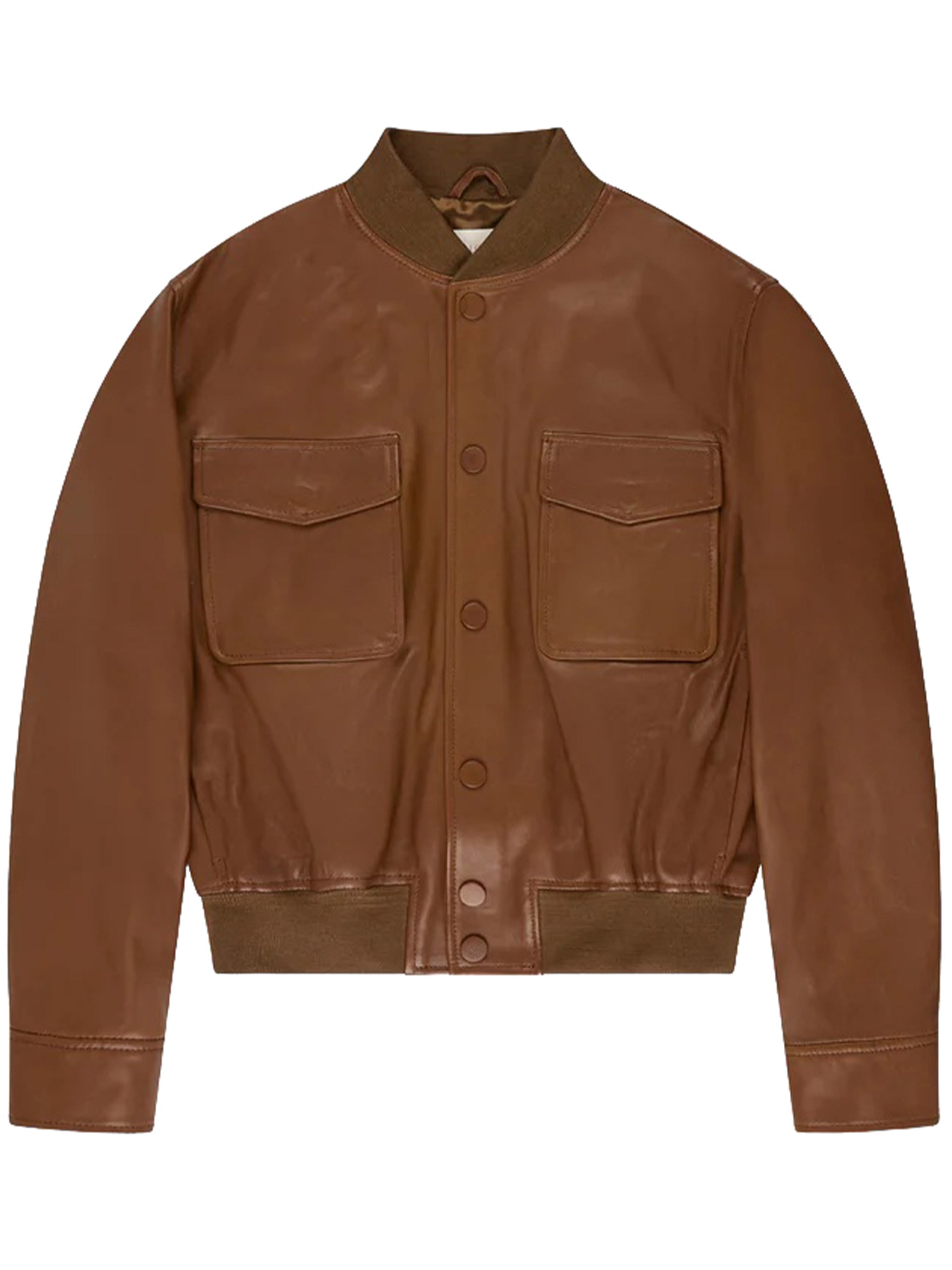 Brown Cropped Smooth Leather Bomber Jacket