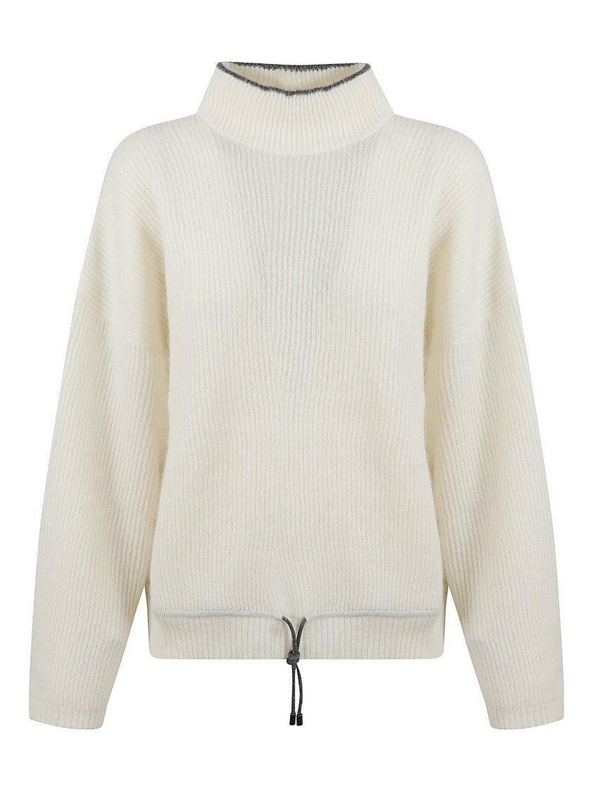 Relaxed High Neck Sweater With Drawstring Hem