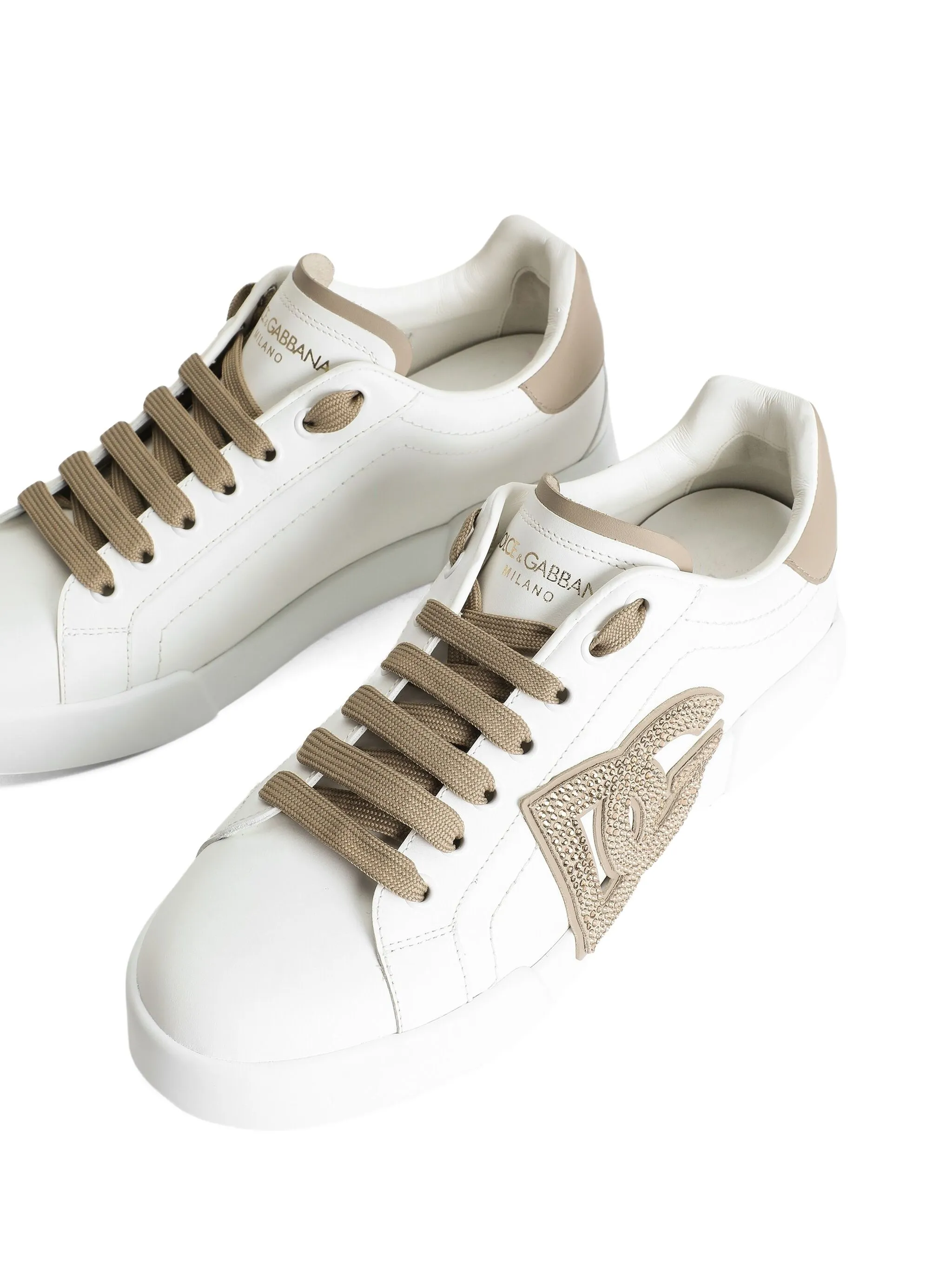 White Low-Top Leather Embellished Logo Sneakers