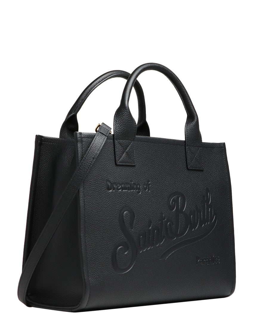 Structured Black Handbag With Adjustable Shoulder Strap And Embossed Detailing