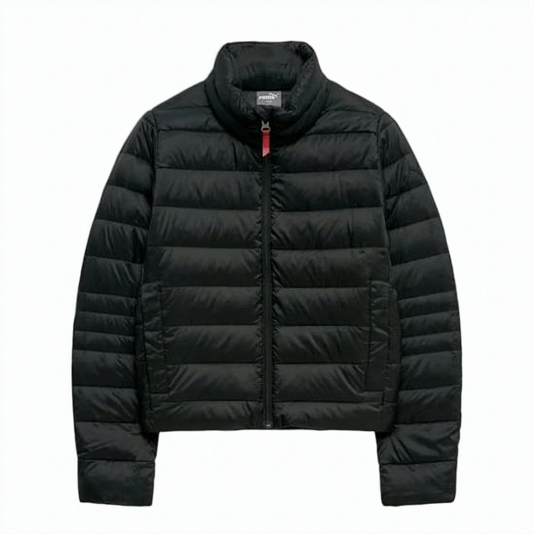 Padded Black Jacket with High Collar and Red Pull Tab