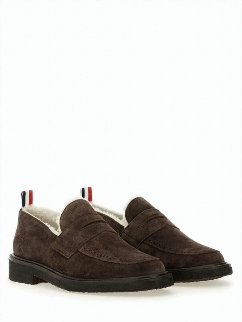 Dark Brown Suede Loafers with Shearling Lining and Tricolor Detail